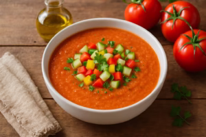A traditional Spanish gazpacho served in a white bowl