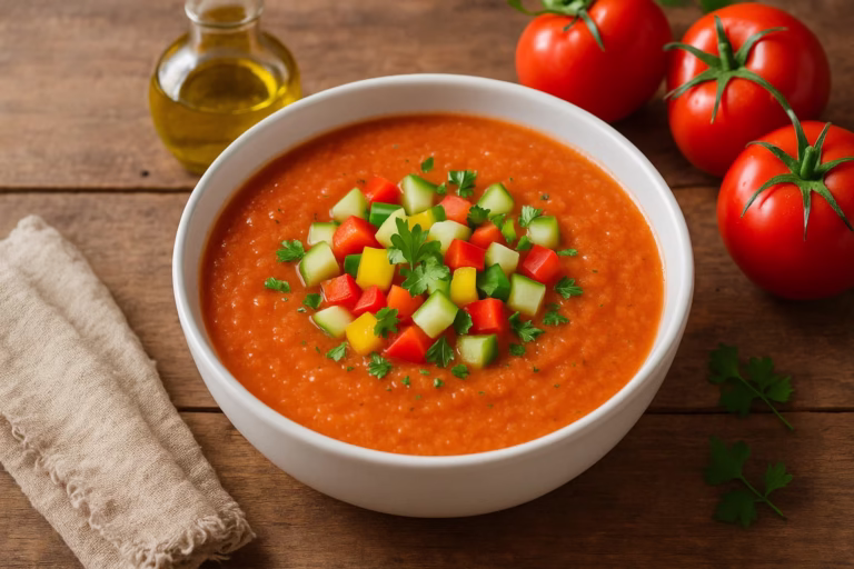 A traditional Spanish gazpacho served in a white bowl