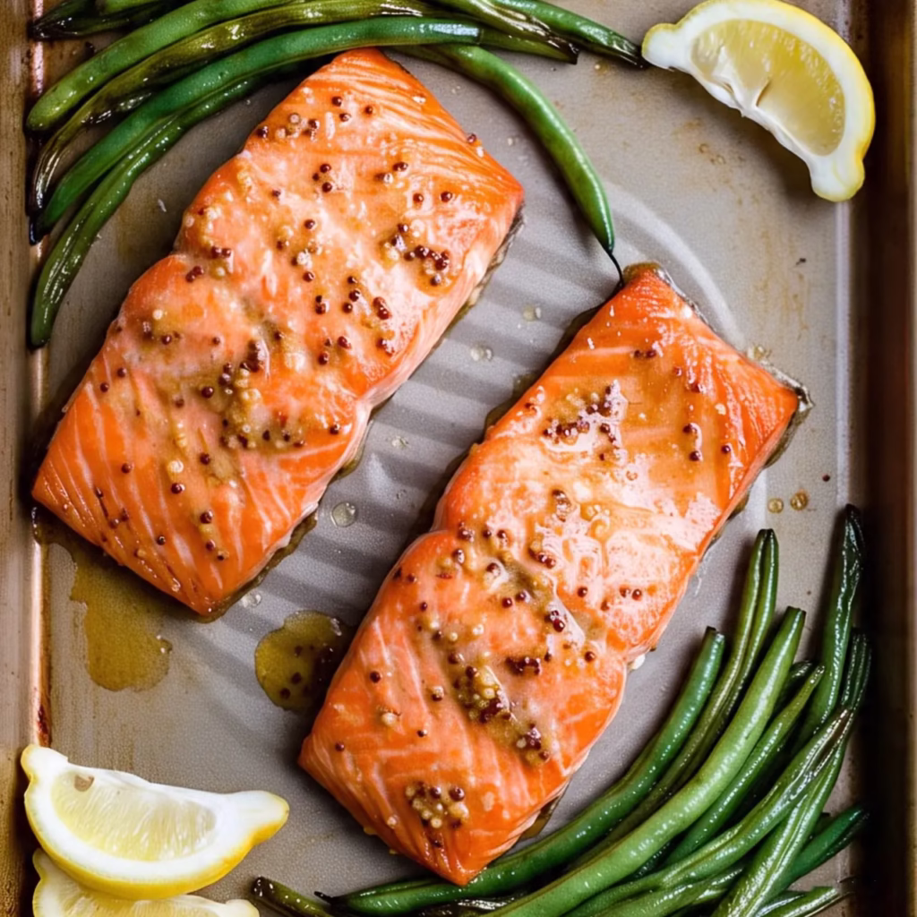 Baked Salmon with Green Beans and Honey Mustard Glaze