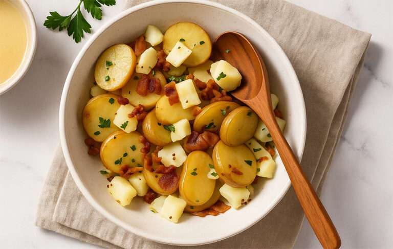 Warm authentic German potato salad with bacon and parsley – no mayo