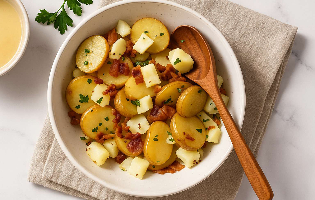 Warm authentic German potato salad with bacon and parsley – no mayo