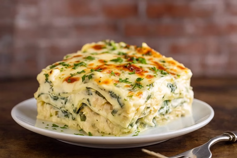 Simple White Vegetarian Lasagna on a white plate