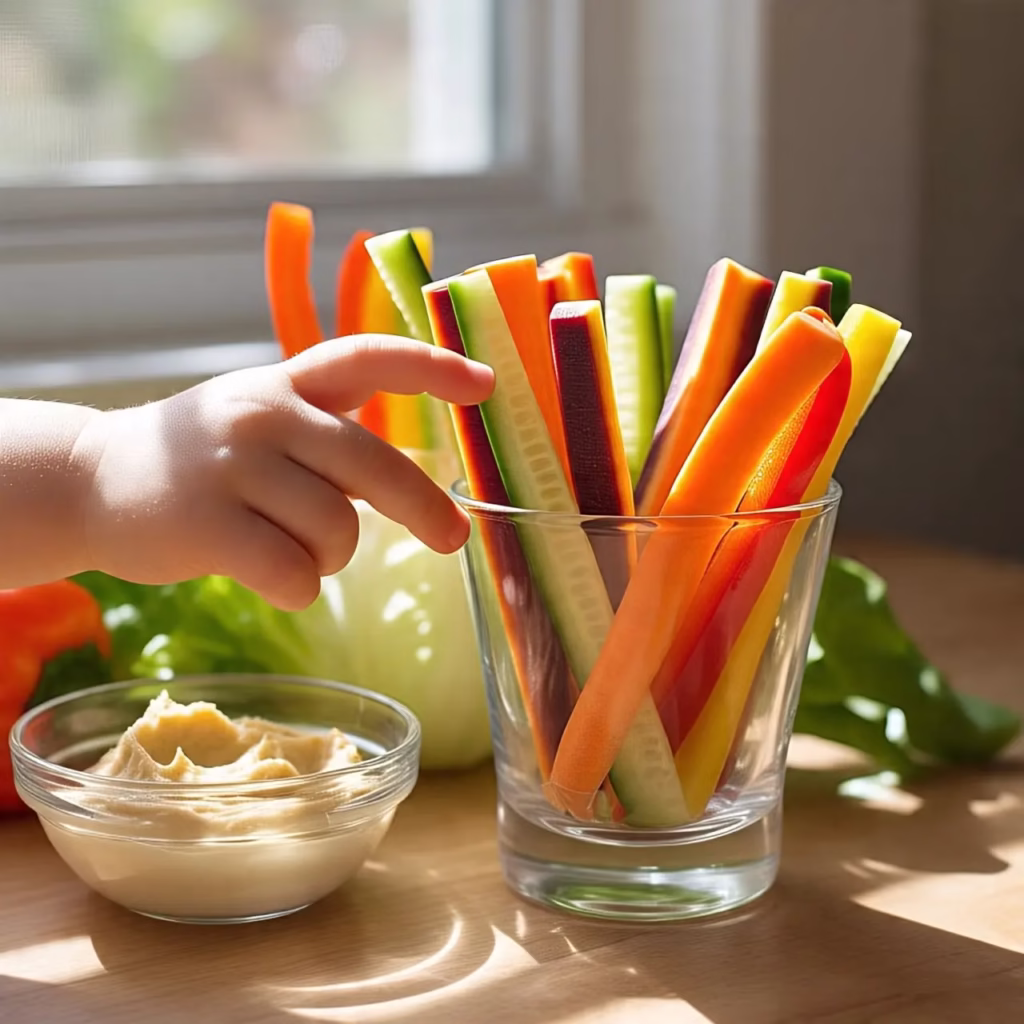 Rainbow Veggie Sticks with Hummus as a healthy snacks for kids