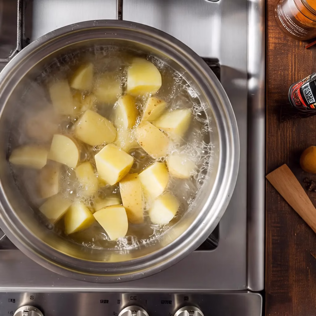 potato cubes boiling for deviled egg potato salad