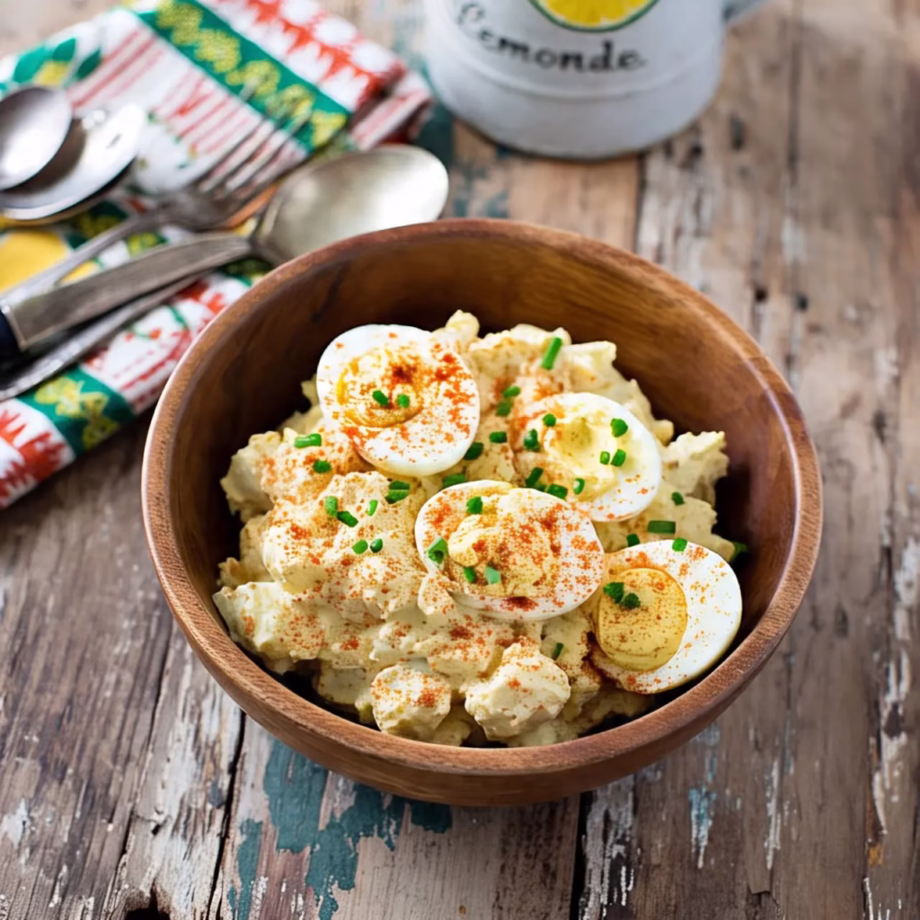 serve deviled egg potato salad in wooden bowl