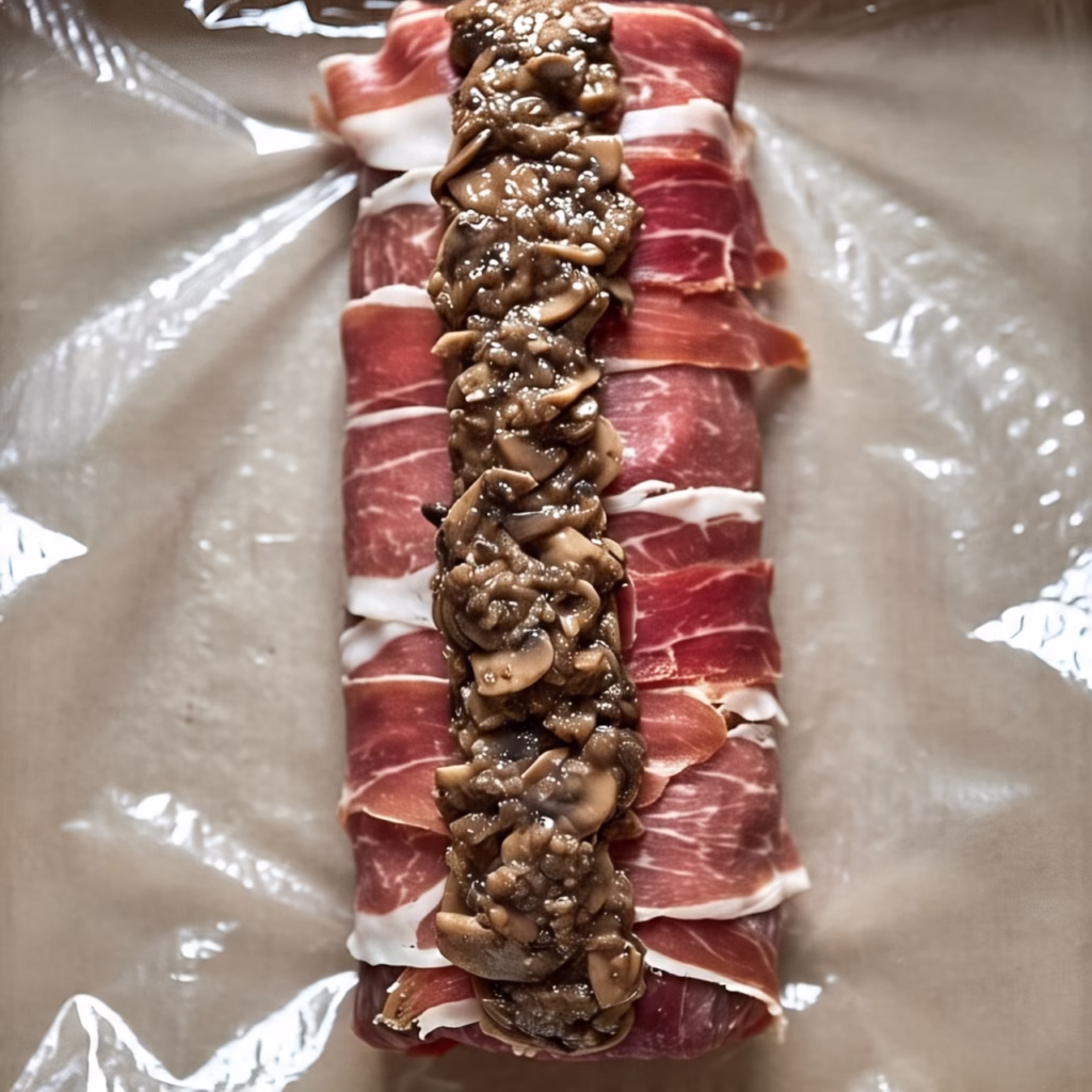 Beef tenderloin wrapped in thin prosciutto slices, topped with mushroom duxelles, laid on a piece of cling
