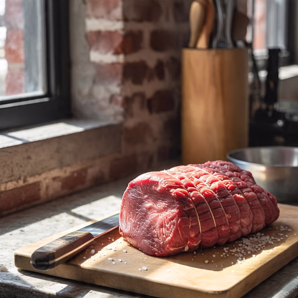 A raw beef tenderloin on a wooden cutting board, seasoned with salt and pepper, kitchen knife beside it, natural daylight, rustic kitchen background Beef Wellington Recipe