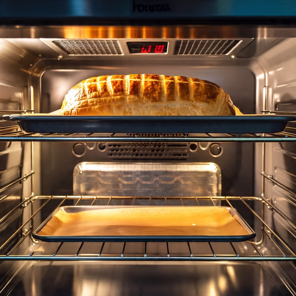 Beef Wellington baking inside a modern oven with warm glowing light, golden puff pastry rising and browning, oven rack visible.