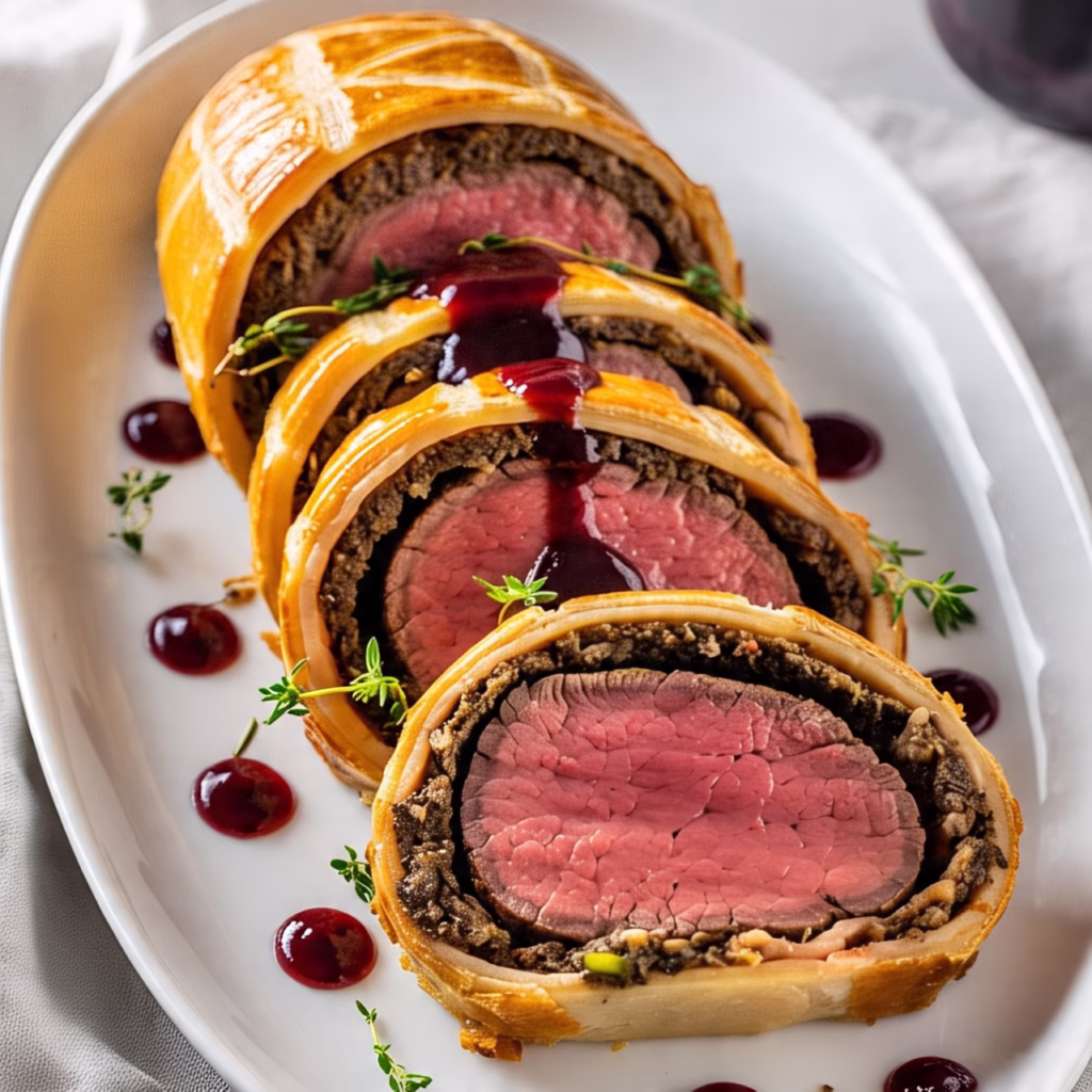 Sliced Beef Wellington on a white plate showing pink tender beef inside, crispy golden pastry, garnished with fresh herbs, elegant plating.