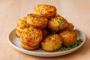 A bowl of golden brown mashed potato cheese puffs on a wooden table with dipping sauces, photographed in natural light, with steam rising from a few puffs – realistic food photography, shallow depth of field.