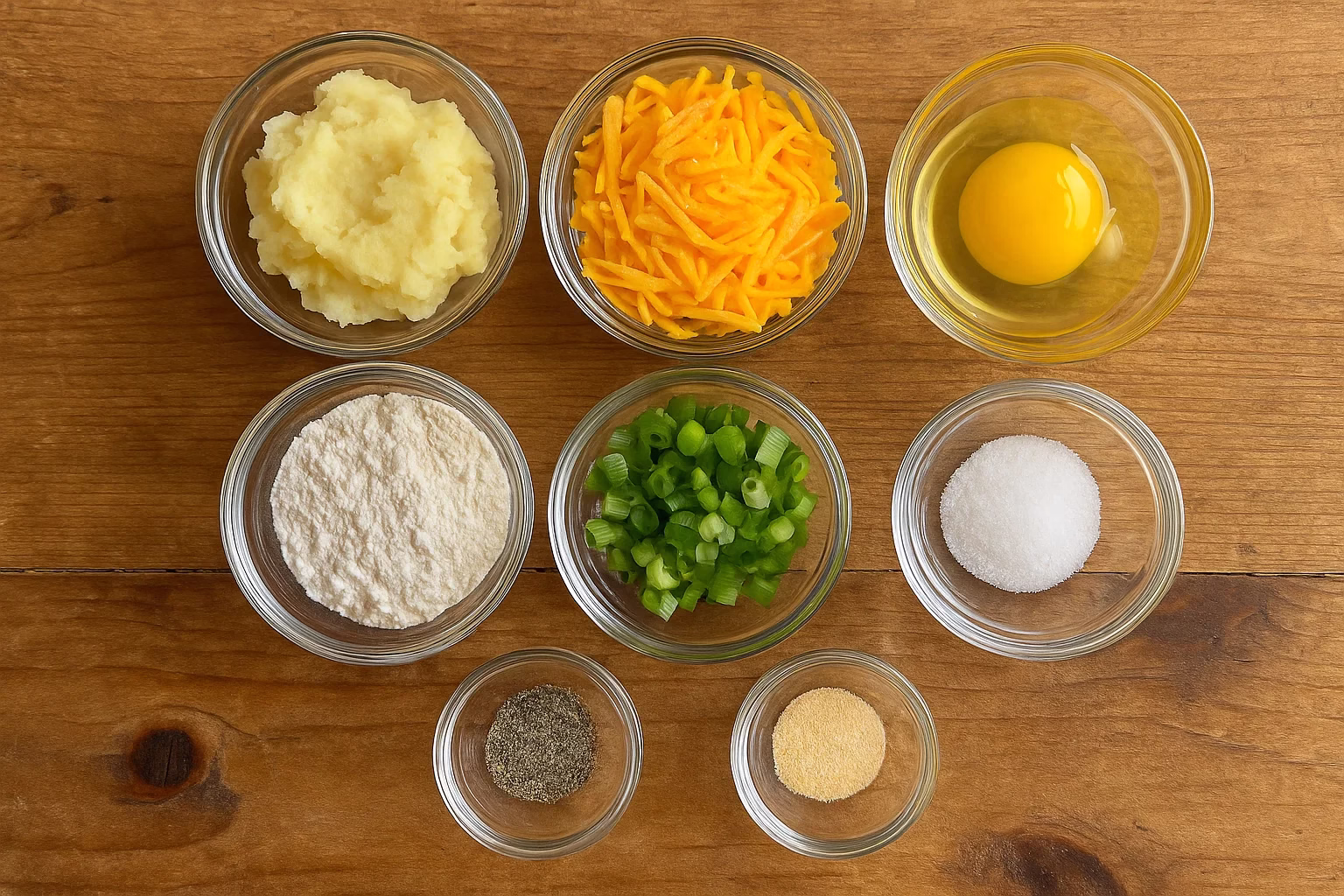 Top-down view of small glass bowls on a wooden kitchen counter, each containing individual ingredients for mashed potato cheese puffs: mashed potatoes, shredded cheddar cheese, an egg, flour, chopped green onions, salt, pepper, and garlic powder. Natural lighting, rustic background, neatly arranged ingredients, no human hands in frame. Realistic food photography with warm tones.