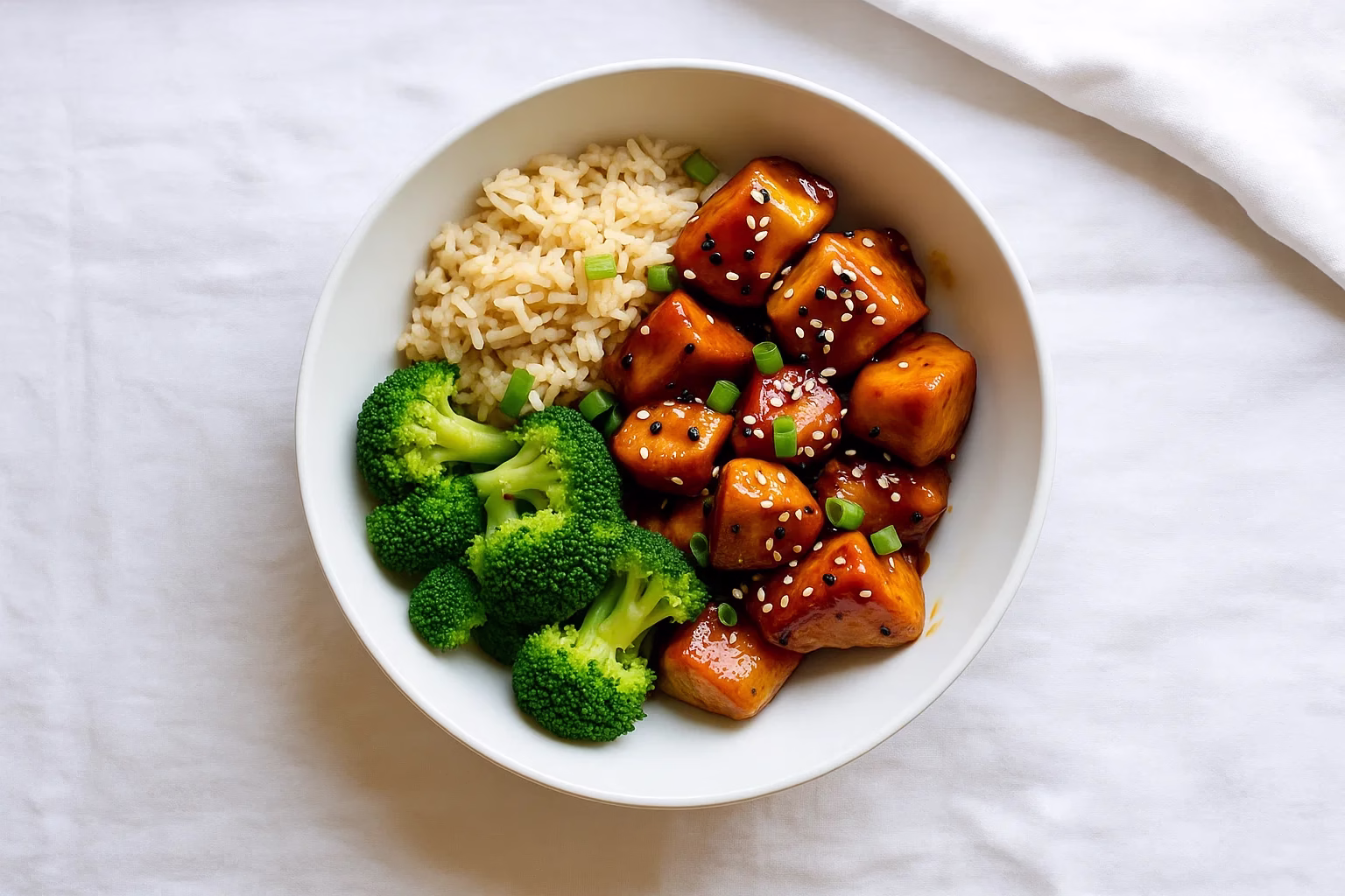 healthy teriyaki chicken bowl with broccoli and brown rice