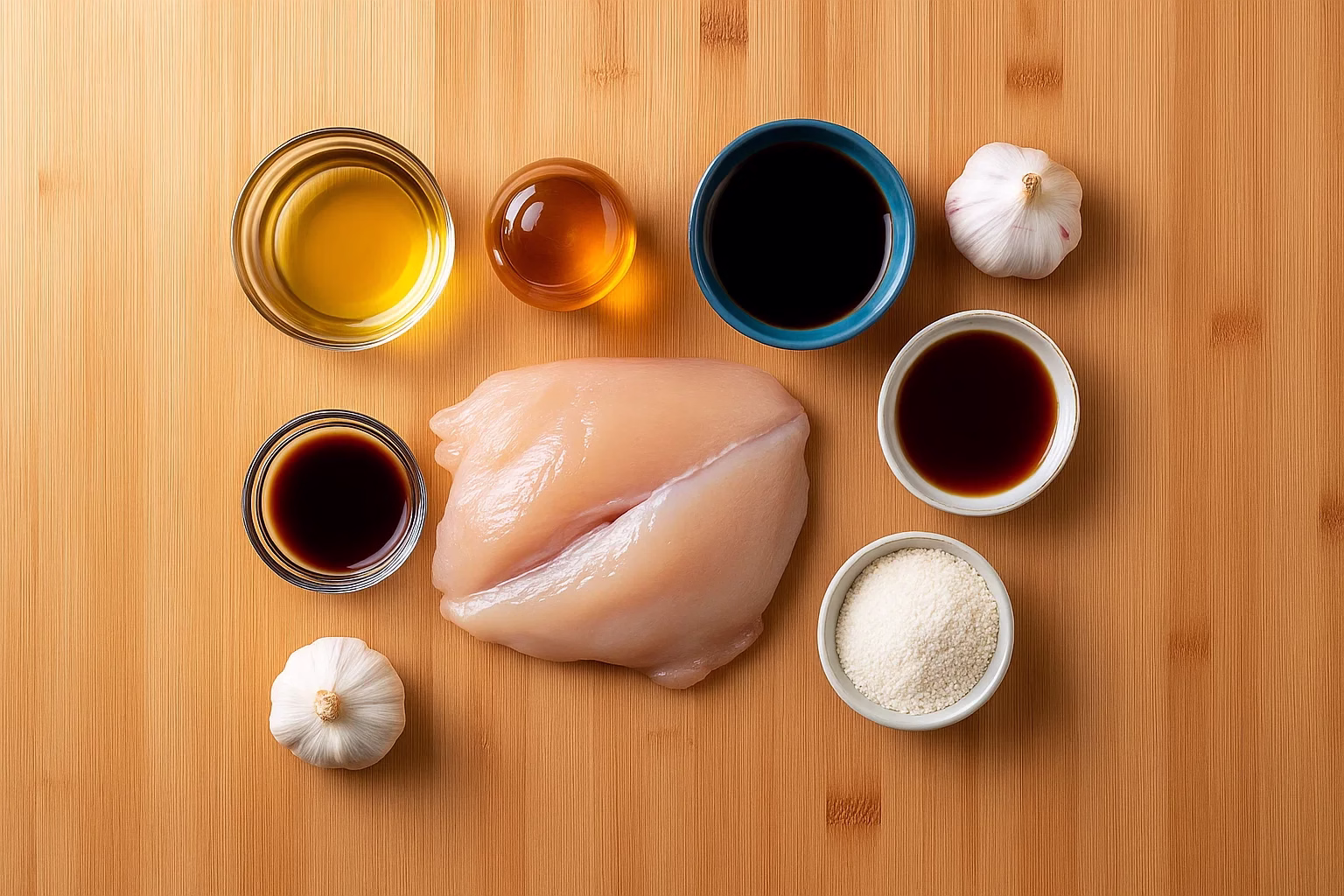 ingredients for healthy teriyaki chicken recipe on a wooden table with natural light
