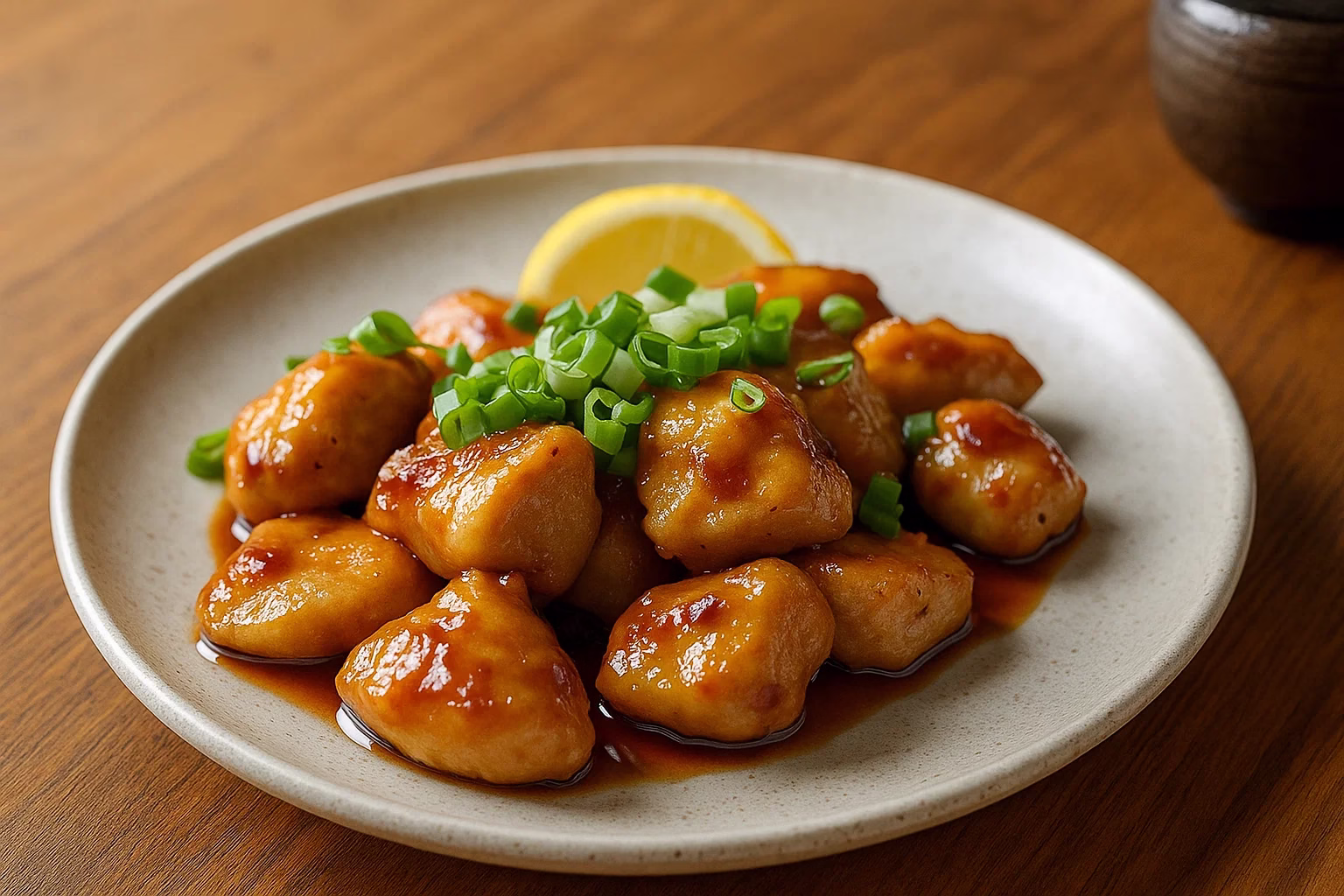 healthy teriyaki chicken plate on a wooden table