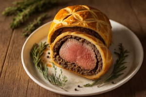 A beautifully plated Beef Wellington sliced open to show tender. easy Beef Wellington Recipe