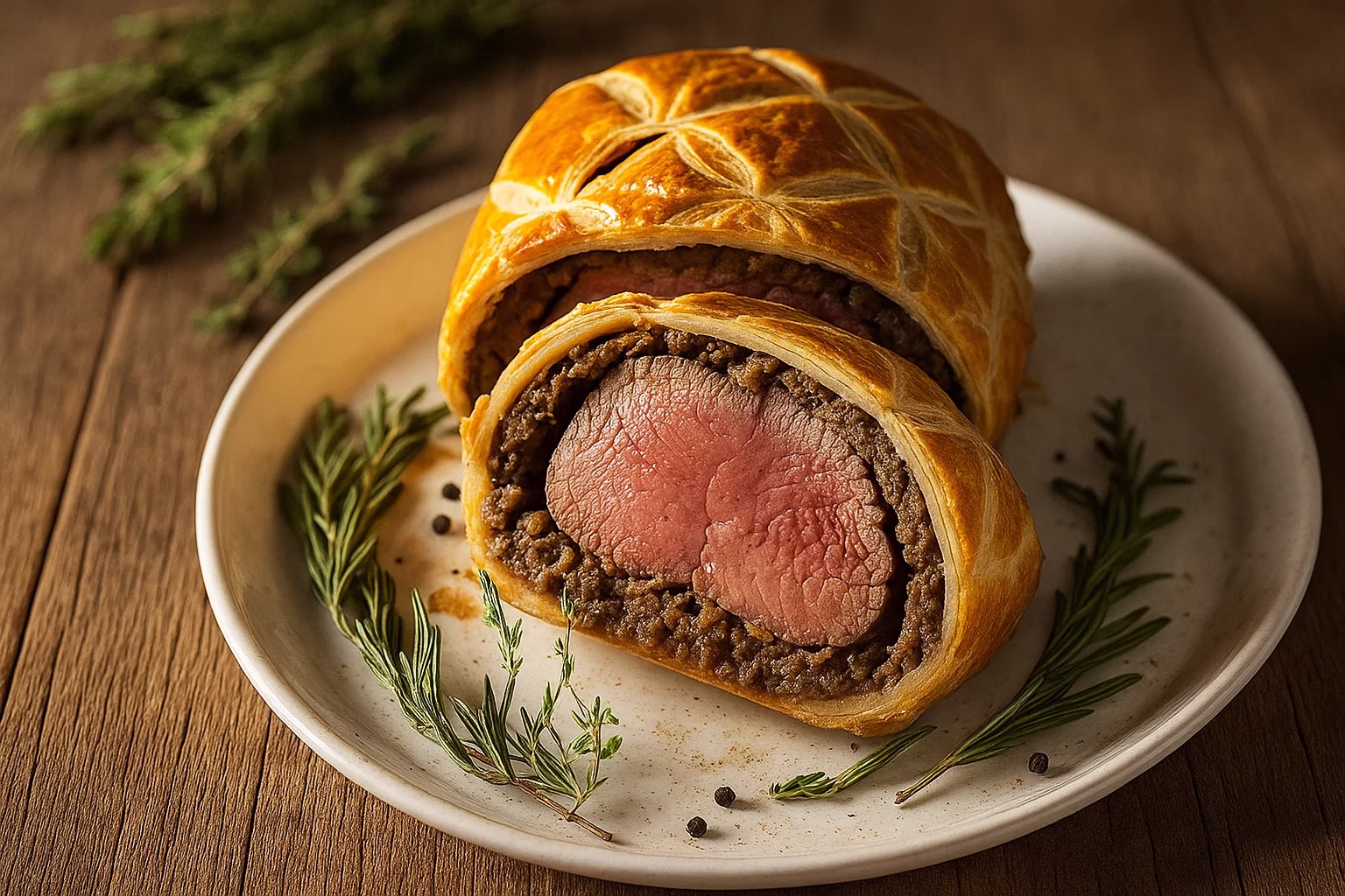 A beautifully plated Beef Wellington sliced open to show tender. easy Beef Wellington Recipe