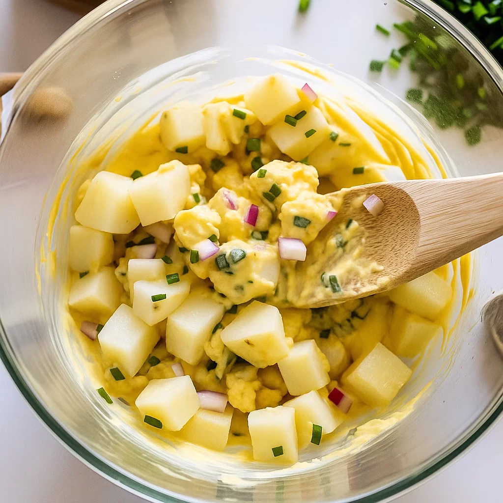 mixing cold potatoes and mashed eggs