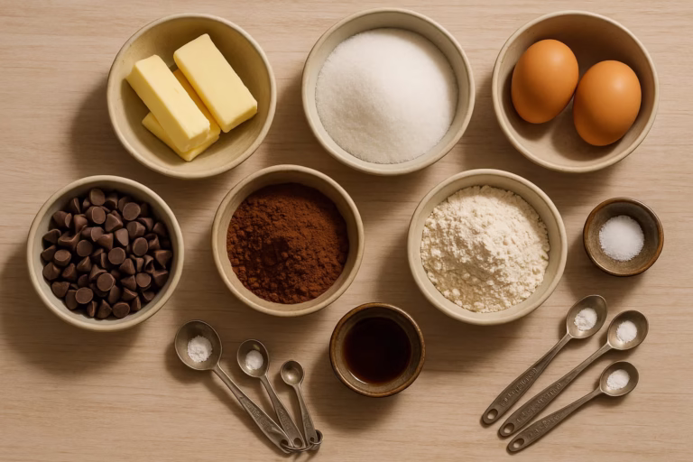 Flat lay of all fudgy brownie recipe ingredients: butter, eggs, sugar, cocoa powder, flour, vanilla, baking powder, salt, and chocolate chips arranged neatly in bowls on a light wooden table, vintage measuring spoons, soft shadows, rustic kitchen vibe, top-down view
