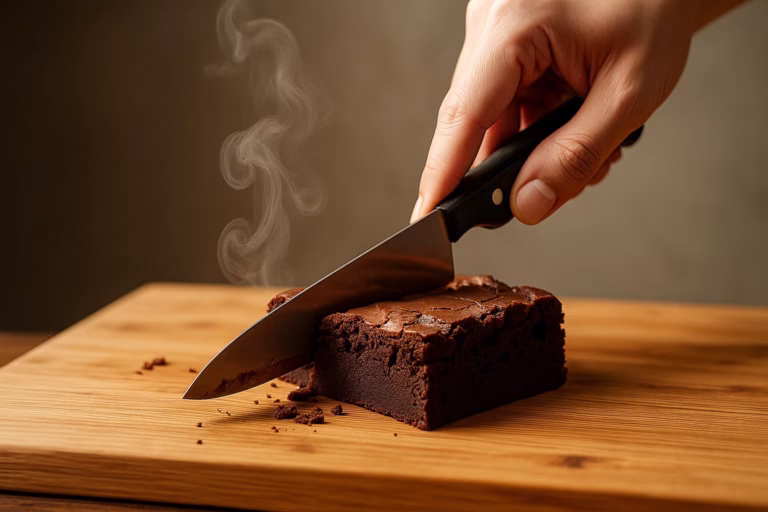 A hand slicing freshly baked fudgy brownies with a warm knife