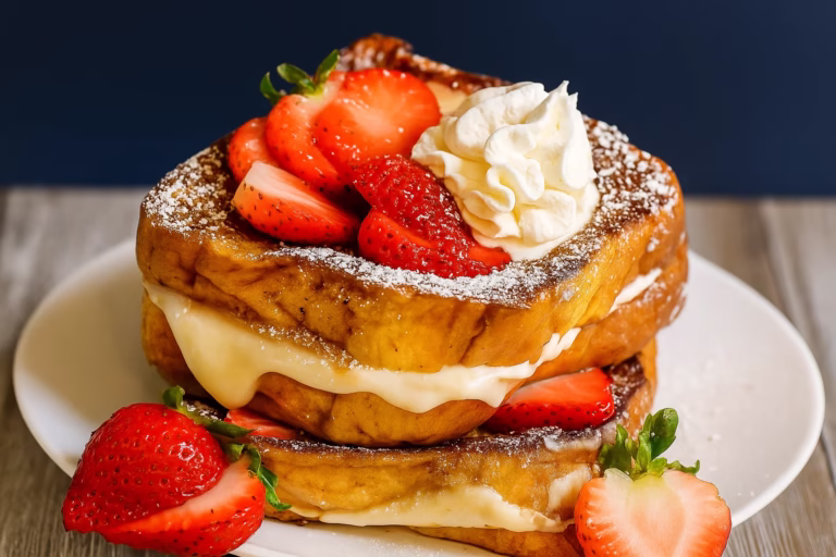 Plated stuffed French toast with cream cheese and strawberries