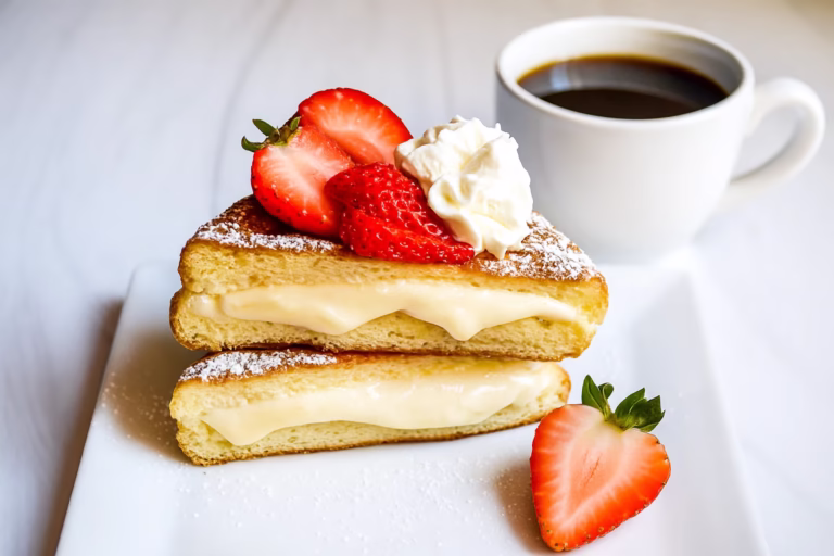 Stuffed French toast sliced diagonally, cream filling visible, topped with fresh berries, served with hot coffee
