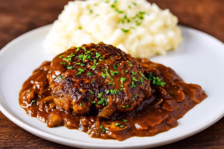 Salisbury Steak served in a plate front view