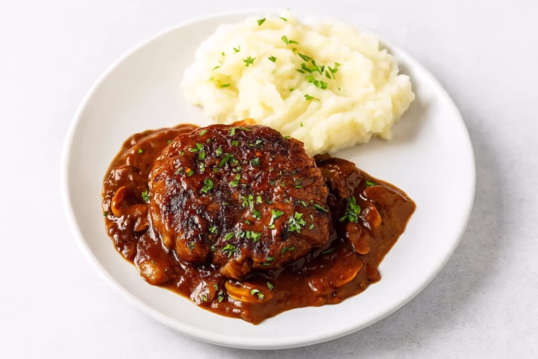Salisbury Steak served i a plate top view