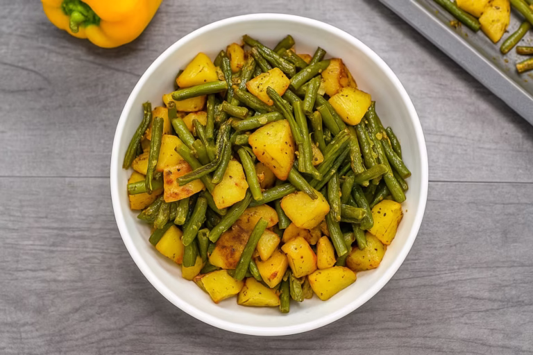 Green Beans Recipe with Potatoes served in white bowl top view