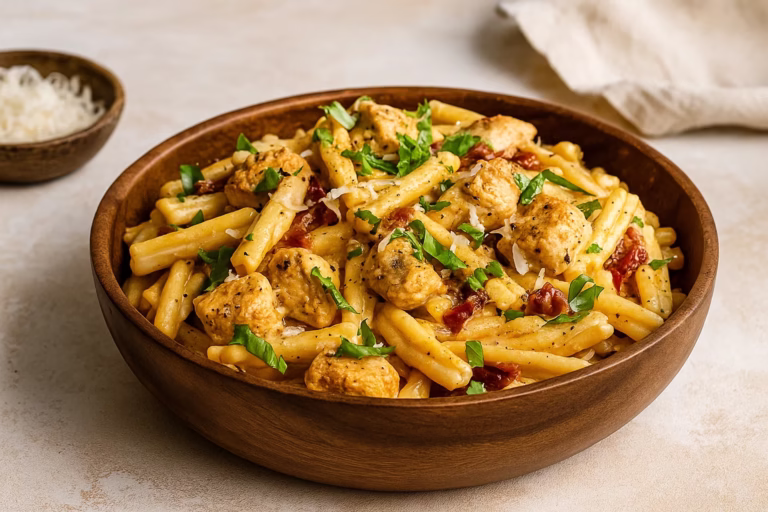 Marry Me Chicken Recipe with Pasta bowl side view