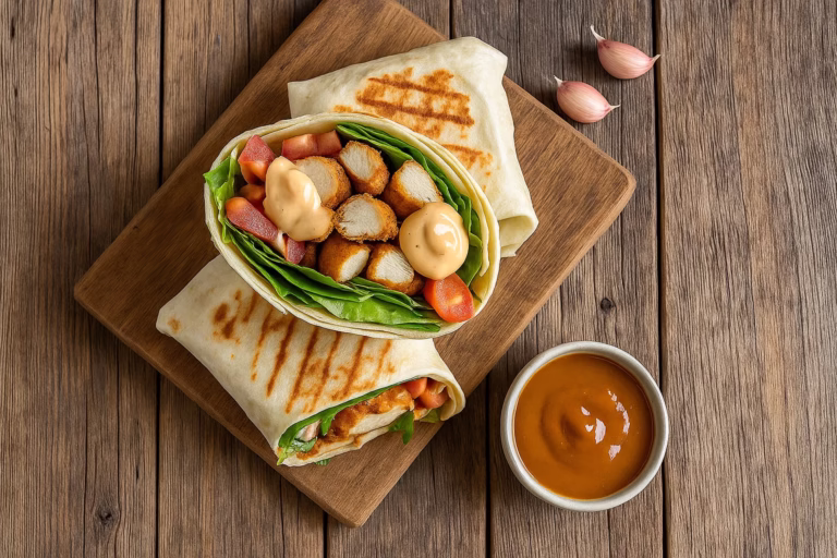 Garlic Chicken Wraps on a cutting board