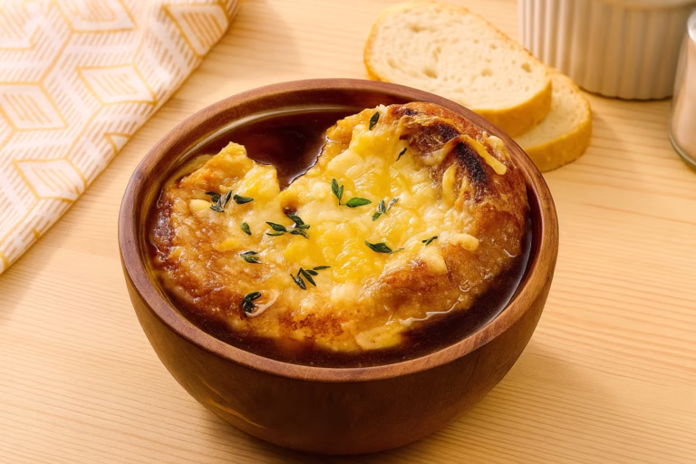 Lazy French Onion Soup in wooden bowl