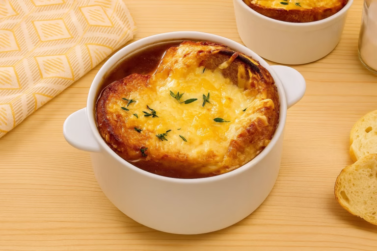 Lazy French Onion Soup in a seramic bowl