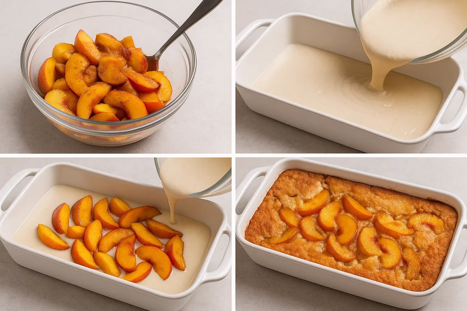 Step-by-step collage showing mixing of peach filling, pouring batter into dish, peaches added on top, and final baked peach cobbler, kitchen counter background landscape image