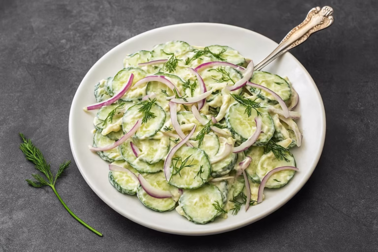 10 Minute Creamy Cucumber Salad on a plate top down view