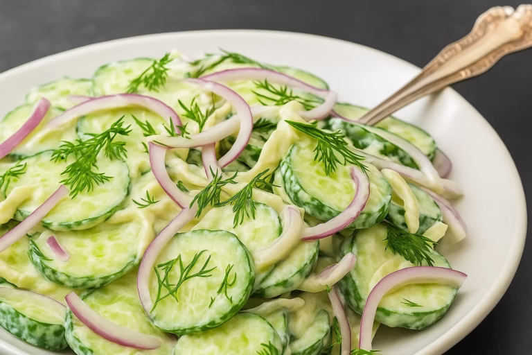 10 Minute Creamy Cucumber Salad on a plate close up