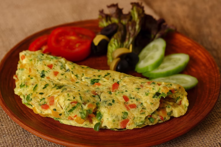 veggie omelet on a wooden plate