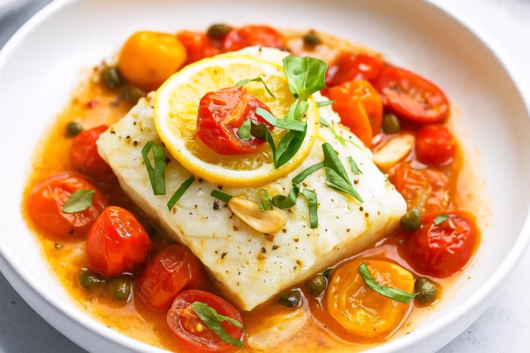 Mediterranean baked fish on plate