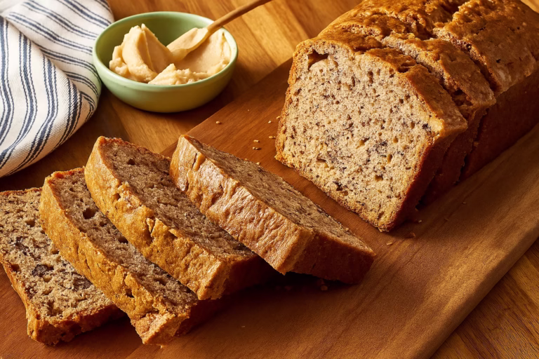 Easy Banana Bread Recipe on wooden cutting board