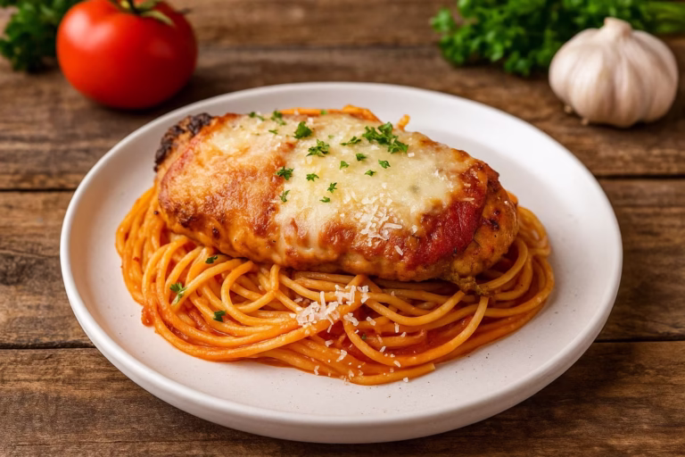 Chicken Parmesan Pasta on a wooden table