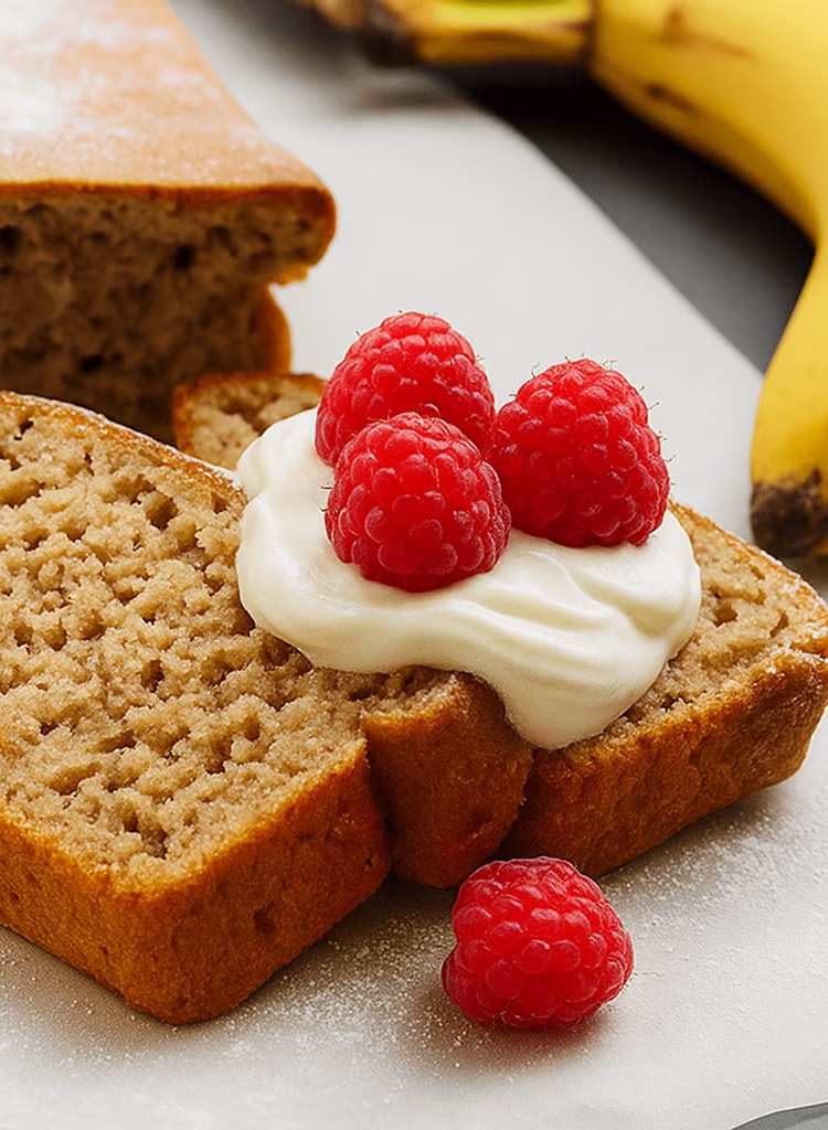 Easy Banana Bread Recipe served with raspberries