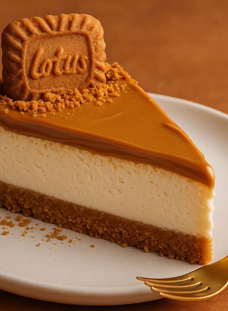 Biscoff Cheesecake slice on a white plate with golden filk Biscoff Cheesecake slice on a white plate with golden filk