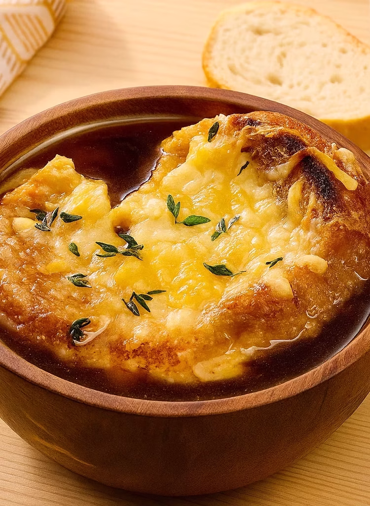 Lazy French Onion Soup wooden Lazy French Onion Soup in wooden bowl